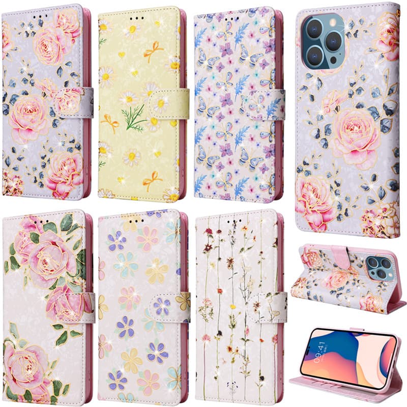 ปลอกหรูหราสําหรับ iPhone 17 Pro Air 16 Pro 8 Plus 12 Pro 7 Plus 16 17 12 ดอกไม้รูปแบบบัตเตอร์กระเป๋าสตางค์หนังช่องใส่การ์ดพลิกผิวป้องกันกรณี รูปที่ 1