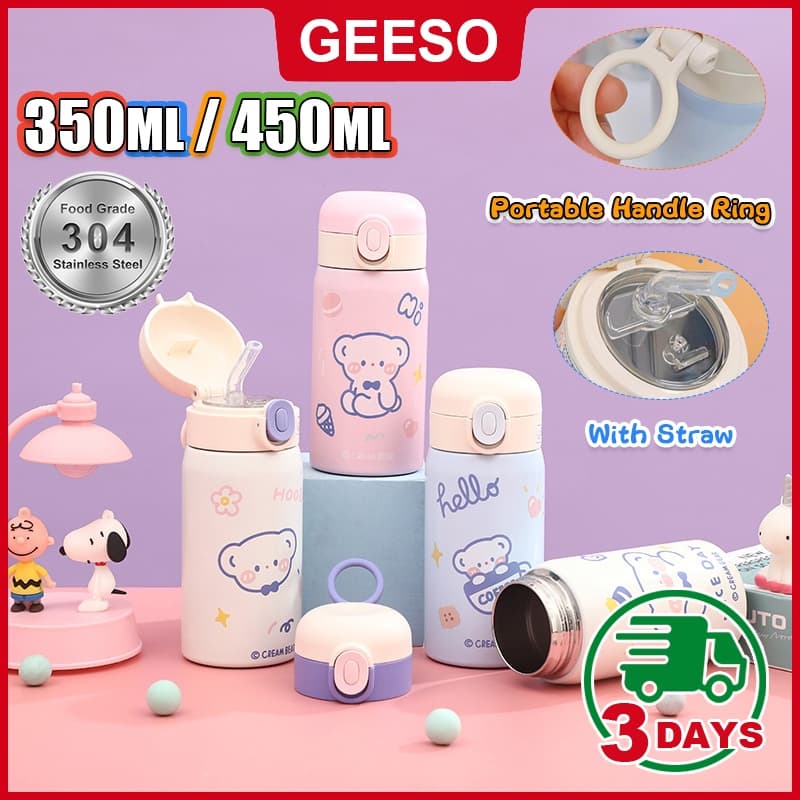 GEESO กระติกน้ำเด็ก แก้วเก็บความร้อนและเย็นพร้อมหลอด แก้วน้ำขนาด 350/450 มล. สำหรับเด็กและนักเรียน กระติกน้ำลายการ์ตูน Cute Bear Thermos Bottle Thermal Flask Vacuum Flask 小熊保温杯