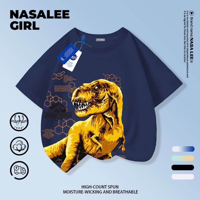 เสื้อยืด NASA สำหรับเด็ก ผ้าฝ้ายขาว ระบายอากาศดี ลายไดโนเสาร์สุดเท่ 3-16 ปี ชาย-หญิง แฟชั่นสวมใส่สบาย รูปที่ 5