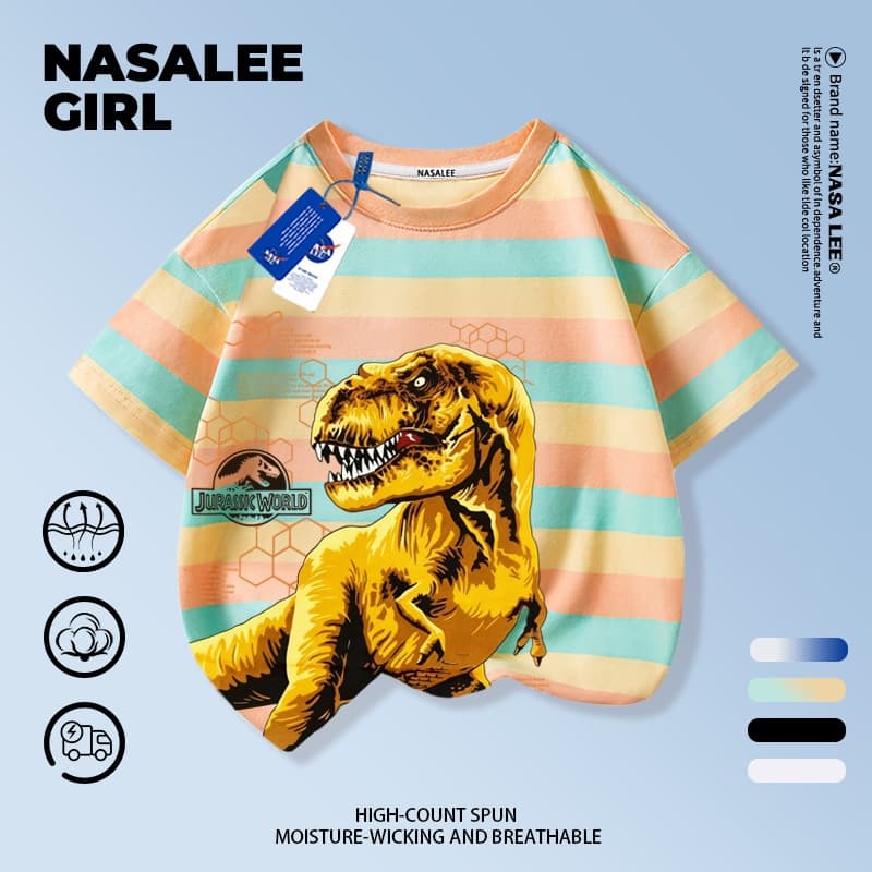 เสื้อยืด NASA สำหรับเด็ก ผ้าฝ้ายขาว ระบายอากาศดี ลายไดโนเสาร์สุดเท่ 3-16 ปี ชาย-หญิง แฟชั่นสวมใส่สบาย รูปที่ 3