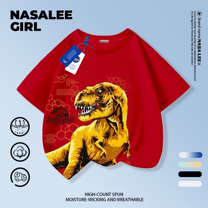 เสื้อยืด NASA สำหรับเด็ก ผ้าฝ้ายขาว ระบายอากาศดี ลายไดโนเสาร์สุดเท่ 3-16 ปี ชาย-หญิง แฟชั่นสวมใส่สบาย รูปที่ 4