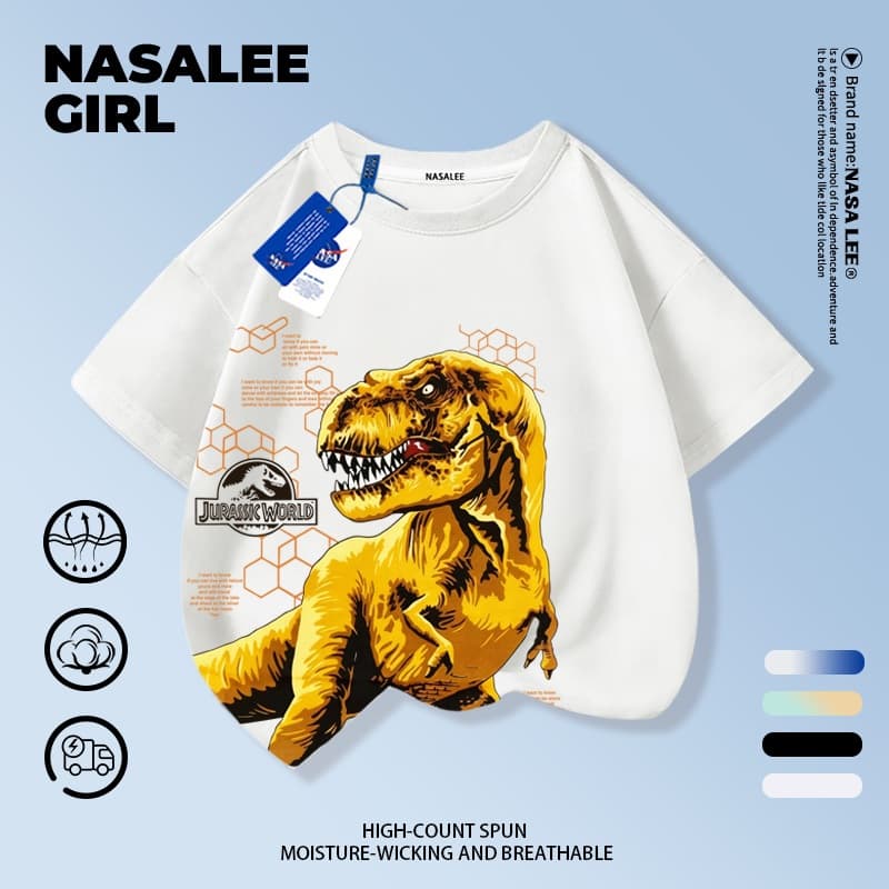 เสื้อยืด NASA สำหรับเด็ก ผ้าฝ้ายขาว ระบายอากาศดี ลายไดโนเสาร์สุดเท่ 3-16 ปี ชาย-หญิง แฟชั่นสวมใส่สบาย รูปที่ 1