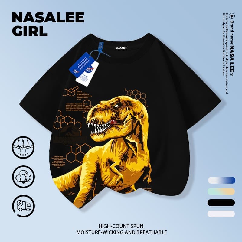เสื้อยืด NASA สำหรับเด็ก ผ้าฝ้ายขาว ระบายอากาศดี ลายไดโนเสาร์สุดเท่ 3-16 ปี ชาย-หญิง แฟชั่นสวมใส่สบาย รูปที่ 2