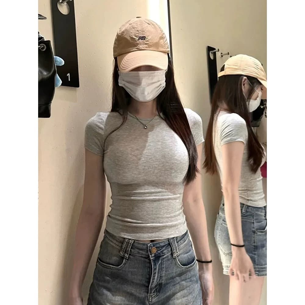 จากไทยเสื้อยืดรัดรูป คอกลม แขนสั้น ทรงครอป สไตล์อเมริกัน เซ็กซี่ ผ้าบาง ใส่สบาย แฟชั่นสาวร้อน รูปที่ 5
