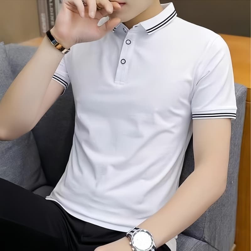 เสื้อโปโลแขนสั้นสีดำ ทำจากผ้าเบาและระบายอากาศได้ดี เหมาะสำหรับงานธุรกิจและการแต่งตัวแบบทางการ รูปที่ 9