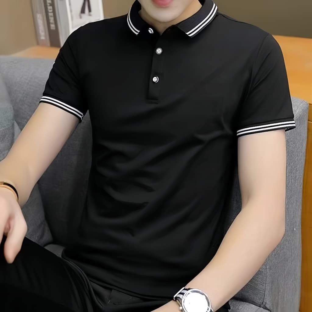 เสื้อโปโลแขนสั้นสีดำ ทำจากผ้าเบาและระบายอากาศได้ดี เหมาะสำหรับงานธุรกิจและการแต่งตัวแบบทางการ รูปที่ 8