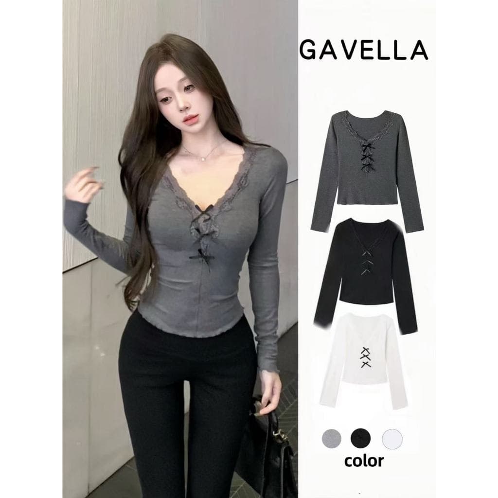 GAVELLA ผู้หญิงเสื้อยืดแฟชั่นลูกไม้สีทึบคอวี สีพื้น เสื้อแขนยาวผู้หญิง จากกทม รูปที่ 1