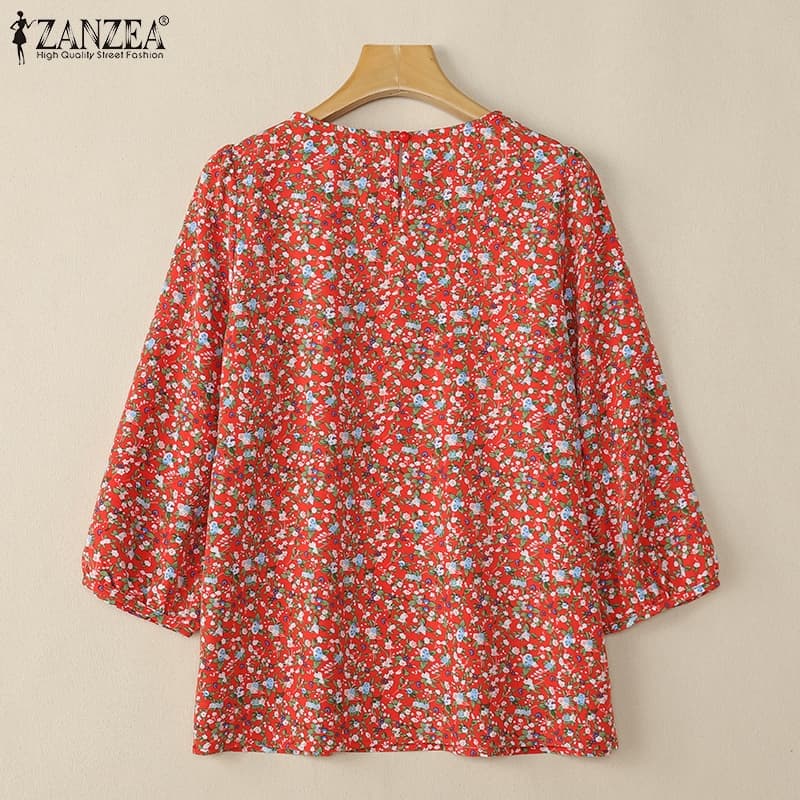 ZANZEA ซานเซีย ผู้หญิงวินเทจคอลูกเรือปุ่มพิมพ์ดอกไม้สามในสี่แขนเสื้อ รูปที่ 8