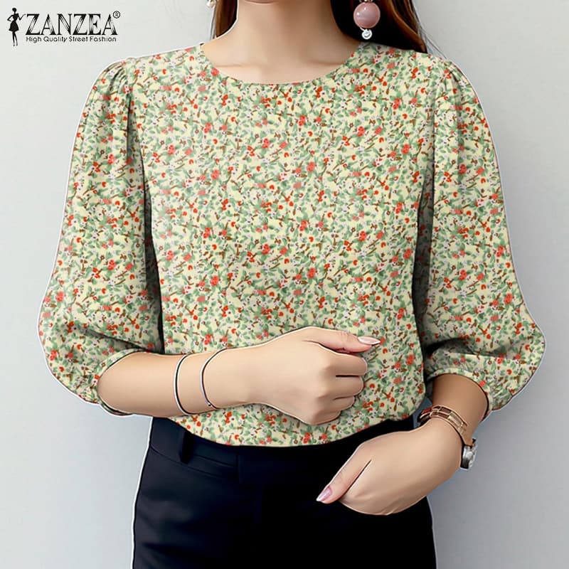 ZANZEA ซานเซีย ผู้หญิงวินเทจคอลูกเรือปุ่มพิมพ์ดอกไม้สามในสี่แขนเสื้อ รูปที่ 5