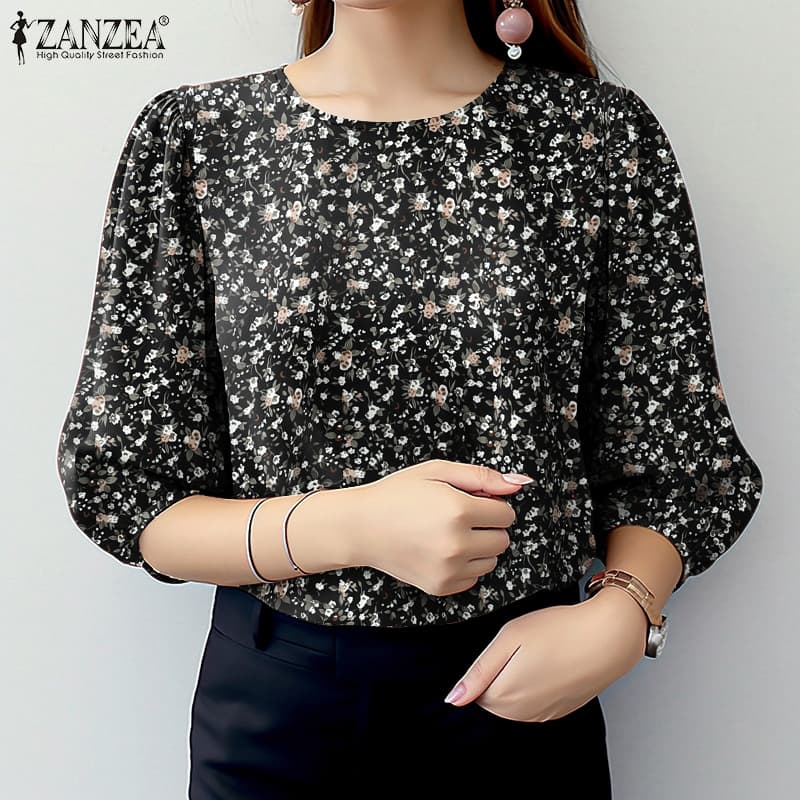 ZANZEA ซานเซีย ผู้หญิงวินเทจคอลูกเรือปุ่มพิมพ์ดอกไม้สามในสี่แขนเสื้อ รูปที่ 4