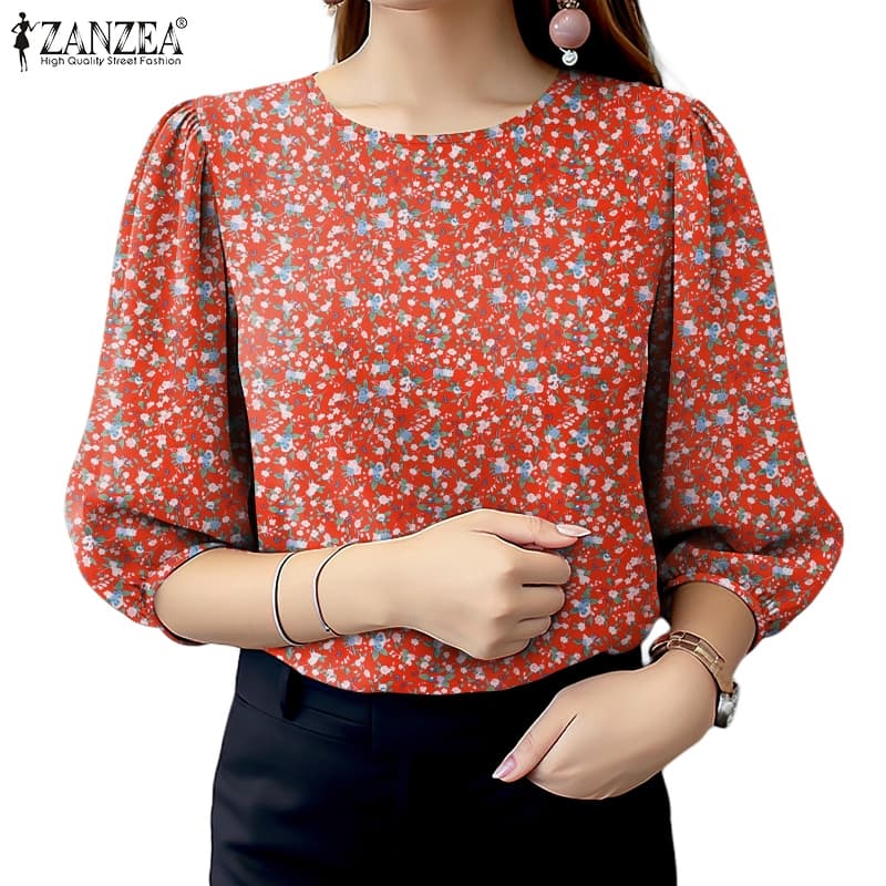 ZANZEA ซานเซีย ผู้หญิงวินเทจคอลูกเรือปุ่มพิมพ์ดอกไม้สามในสี่แขนเสื้อ รูปที่ 1