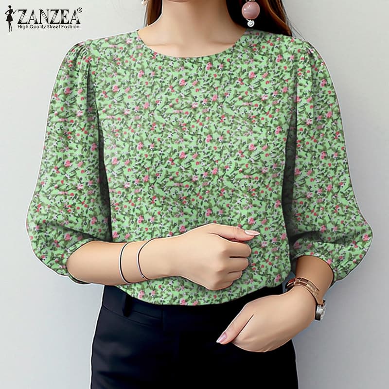 ZANZEA ซานเซีย ผู้หญิงวินเทจคอลูกเรือปุ่มพิมพ์ดอกไม้สามในสี่แขนเสื้อ รูปที่ 6