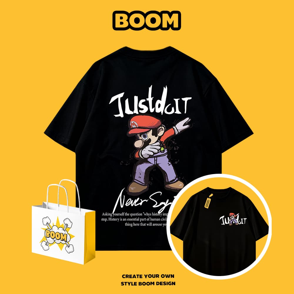 BOOM เสื้อยืดผู้ชาย ผ้า cotton 100% แขนสั้น Super Mario ลายการ์ตูน ทรงหลวม นุ่มสบาย สไตล์เกาหลี รูปที่ 2