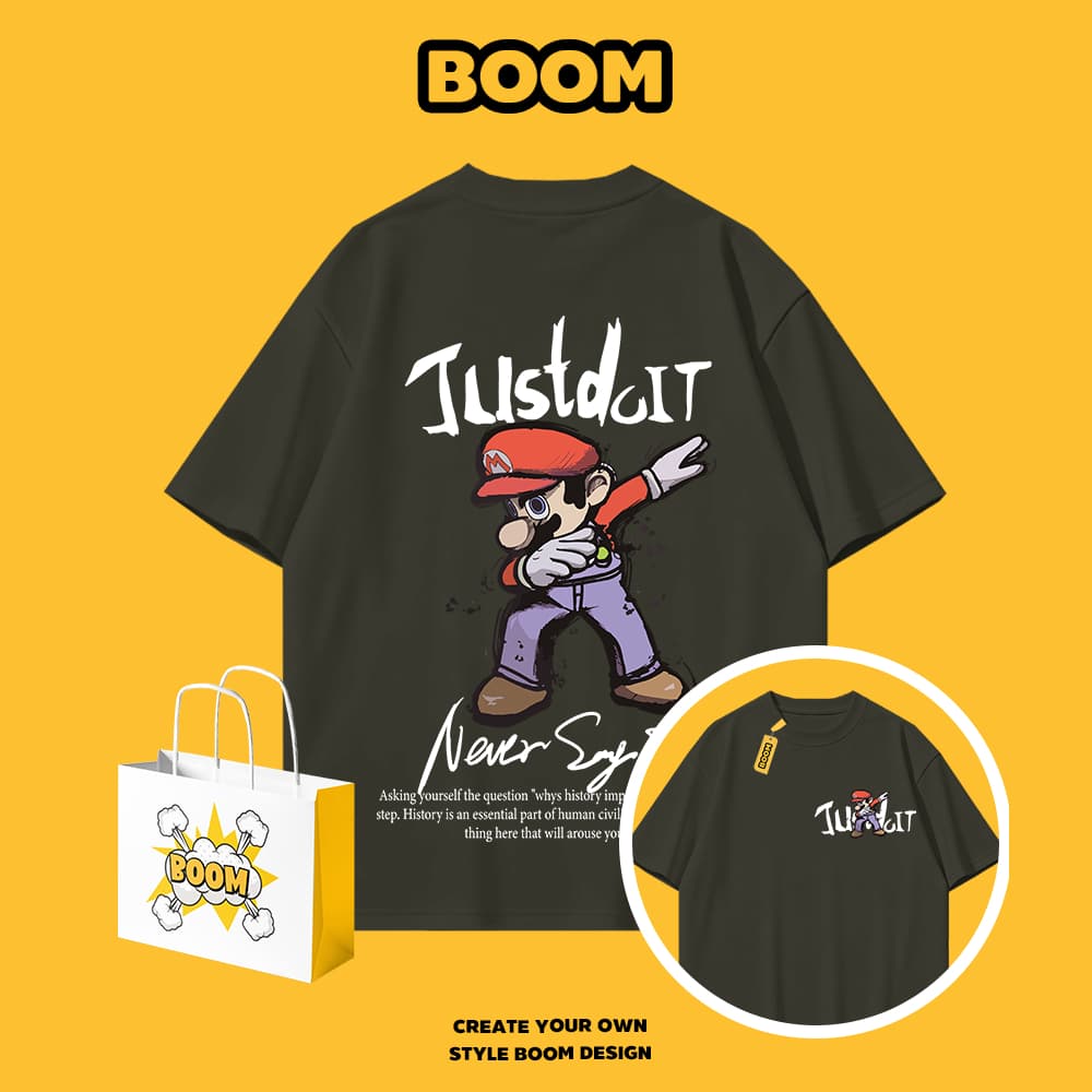 BOOM เสื้อยืดผู้ชาย ผ้า cotton 100% แขนสั้น Super Mario ลายการ์ตูน ทรงหลวม นุ่มสบาย สไตล์เกาหลี รูปที่ 5