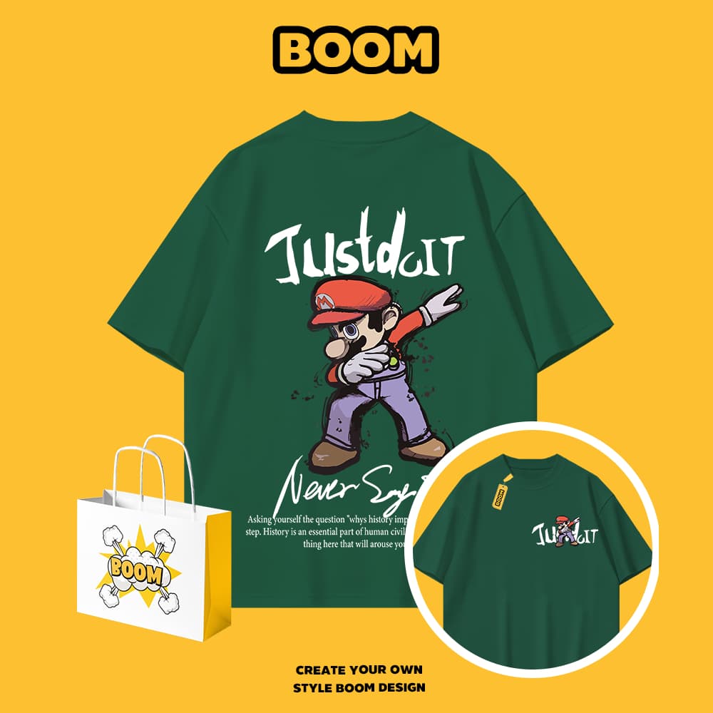 BOOM เสื้อยืดผู้ชาย ผ้า cotton 100% แขนสั้น Super Mario ลายการ์ตูน ทรงหลวม นุ่มสบาย สไตล์เกาหลี รูปที่ 7