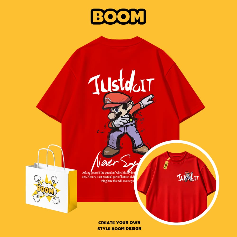 BOOM เสื้อยืดผู้ชาย ผ้า cotton 100% แขนสั้น Super Mario ลายการ์ตูน ทรงหลวม นุ่มสบาย สไตล์เกาหลี รูปที่ 4