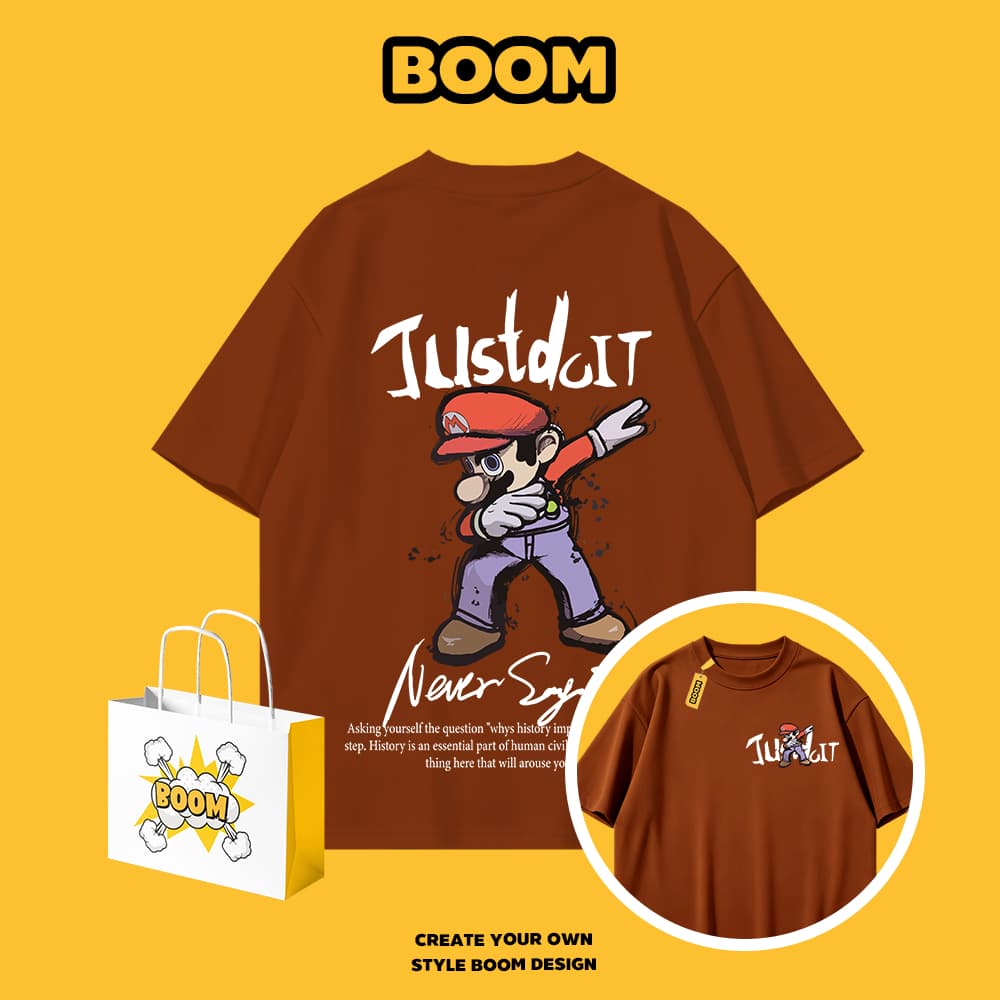 BOOM เสื้อยืดผู้ชาย ผ้า cotton 100% แขนสั้น Super Mario ลายการ์ตูน ทรงหลวม นุ่มสบาย สไตล์เกาหลี รูปที่ 8