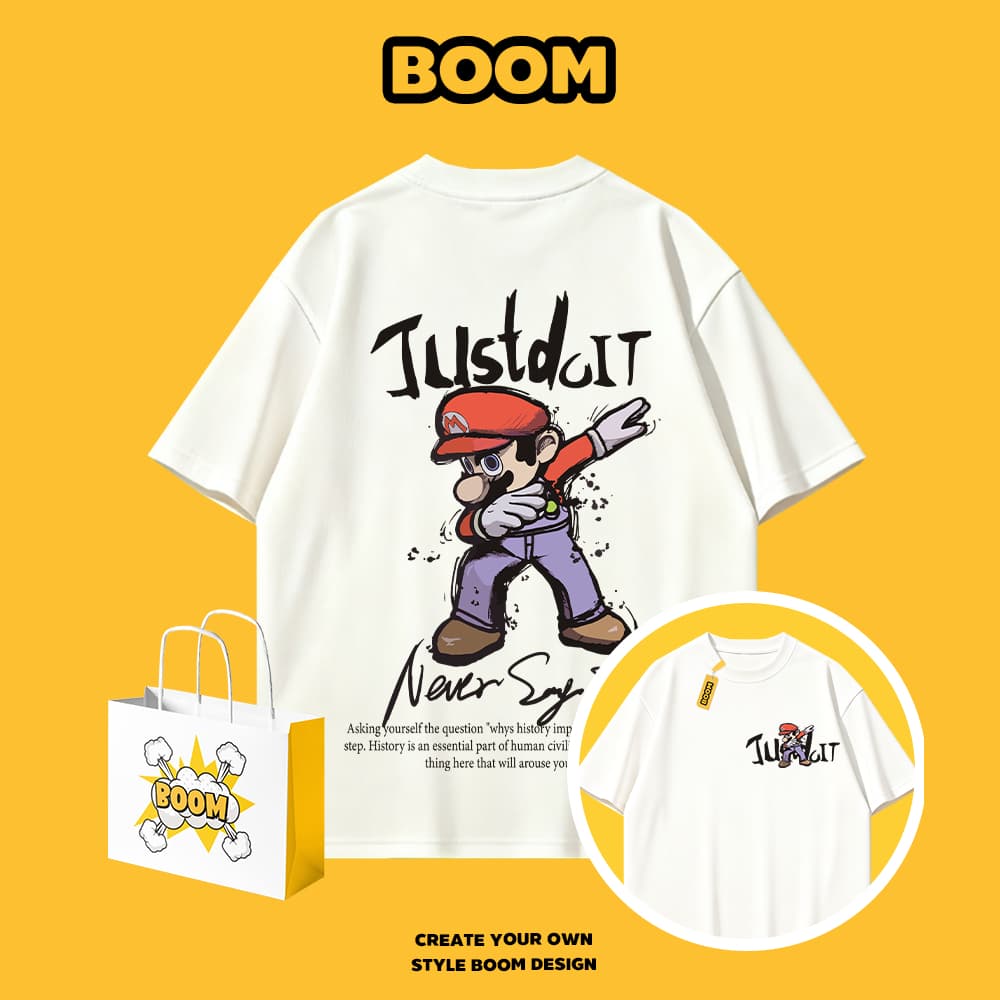 BOOM เสื้อยืดผู้ชาย ผ้า cotton 100% แขนสั้น Super Mario ลายการ์ตูน ทรงหลวม นุ่มสบาย สไตล์เกาหลี รูปที่ 1