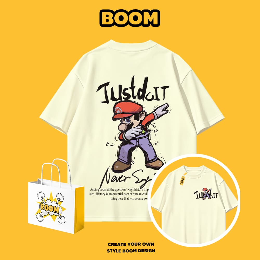 BOOM เสื้อยืดผู้ชาย ผ้า cotton 100% แขนสั้น Super Mario ลายการ์ตูน ทรงหลวม นุ่มสบาย สไตล์เกาหลี รูปที่ 3