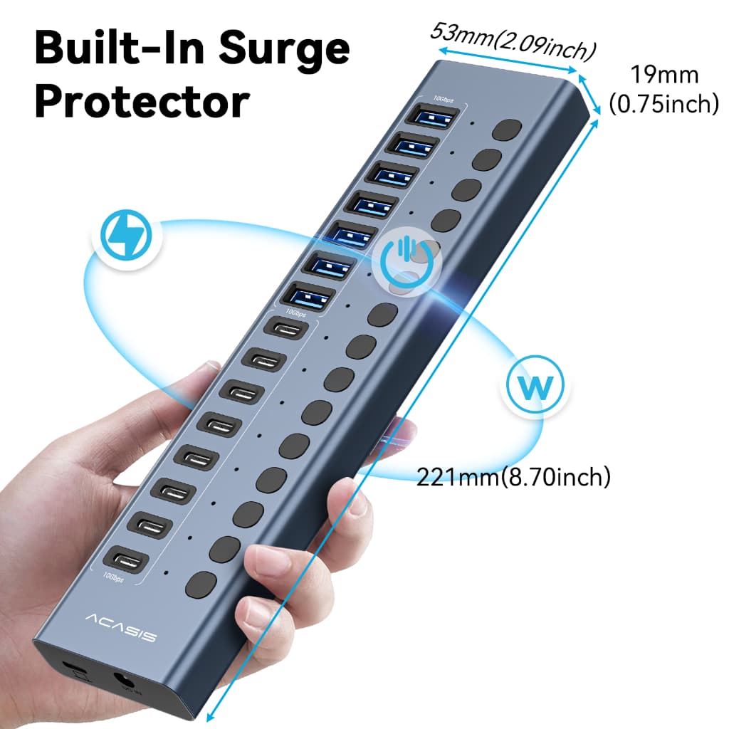 ACASIS 16 พอร์ต 10Gpbs USB3.2 Hub 8 * USB-A & 8 * USB-C 3.2 HUB รองรับ BC1.2 ชาร์จ 12V8A อะแดปเตอร์อลูมิเนียม Type-C Splitter สําหรับ Macbook อุปกรณ์เสริมเดสก์ท็อป รูปที่ 7