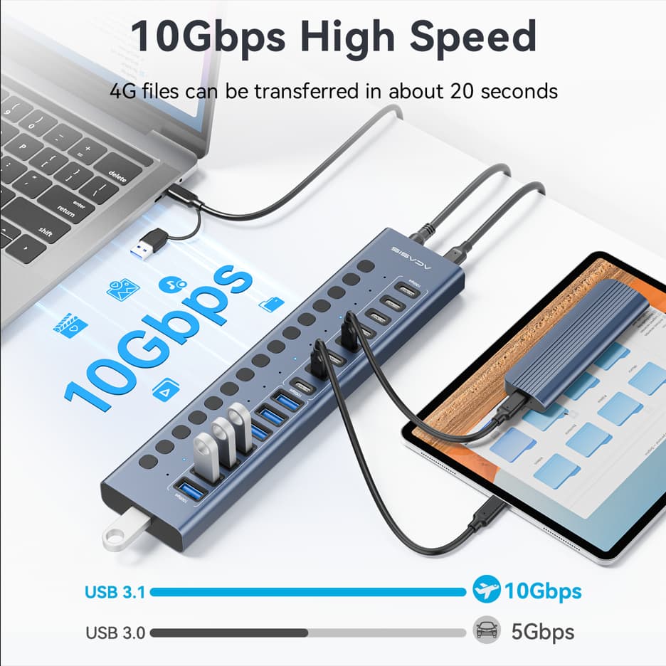 ACASIS 16 พอร์ต 10Gpbs USB3.2 Hub 8 * USB-A & 8 * USB-C 3.2 HUB รองรับ BC1.2 ชาร์จ 12V8A อะแดปเตอร์อลูมิเนียม Type-C Splitter สําหรับ Macbook อุปกรณ์เสริมเดสก์ท็อป รูปที่ 2
