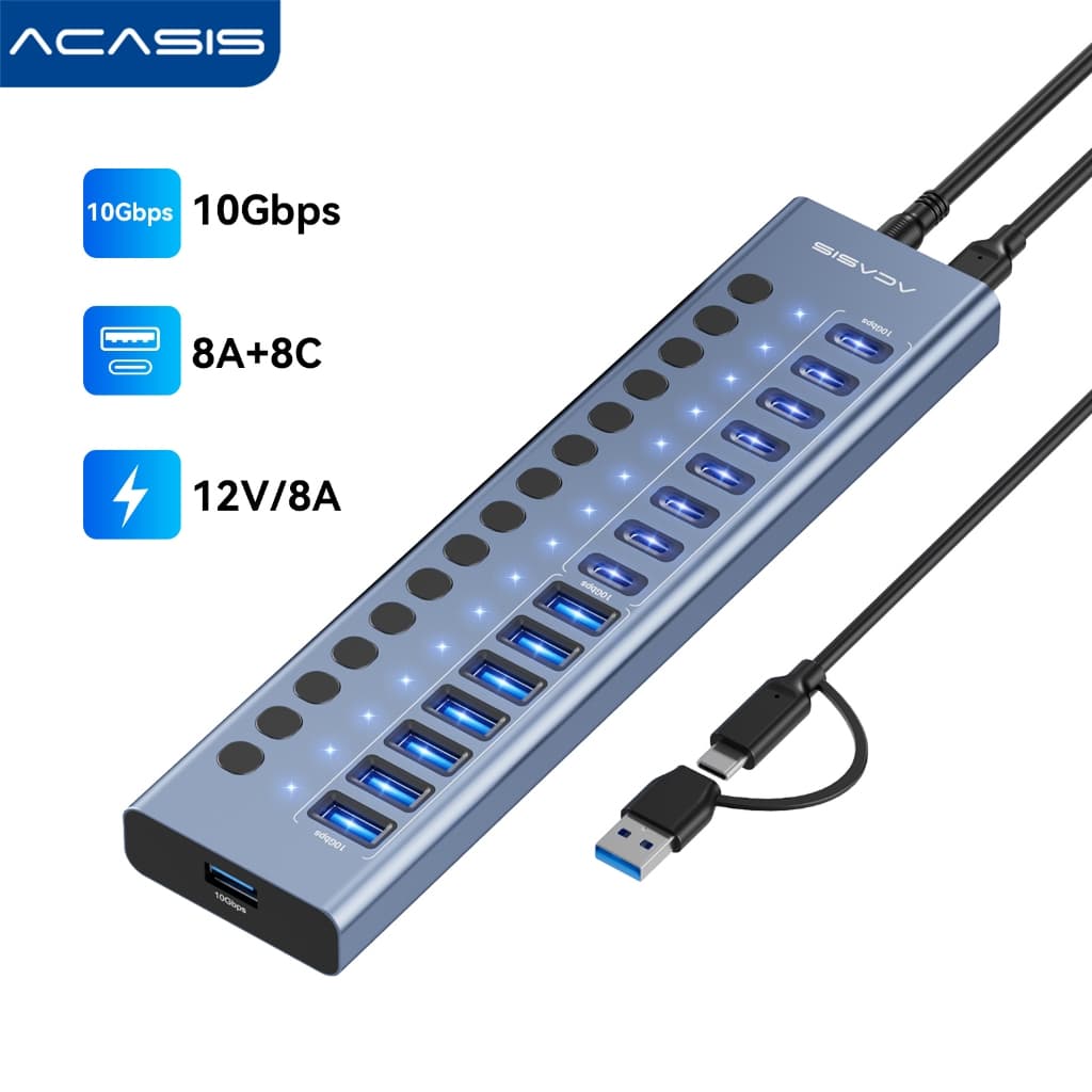 ACASIS 16 พอร์ต 10Gpbs USB3.2 Hub 8 * USB-A & 8 * USB-C 3.2 HUB รองรับ BC1.2 ชาร์จ 12V8A อะแดปเตอร์อลูมิเนียม Type-C Splitter สําหรับ Macbook อุปกรณ์เสริมเดสก์ท็อป รูปที่ 1