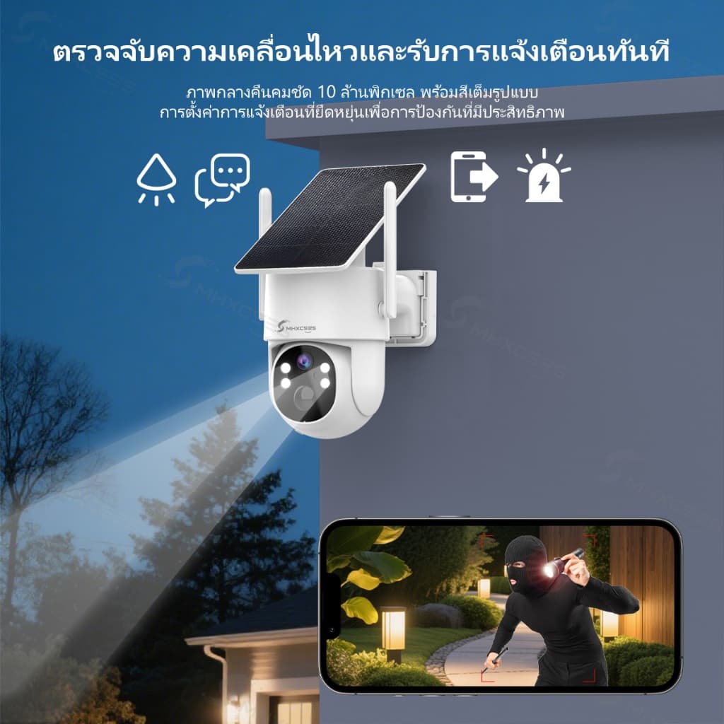 MHXCEES กล้องวงจรปิดไร้สาย 4G 2K พลังงานแสงอาทิตย์ กันน้ำกลางแจ้ง | ข้อมูลฟรี 1 ปี + รับประกัน 1 ปี รูปที่ 5