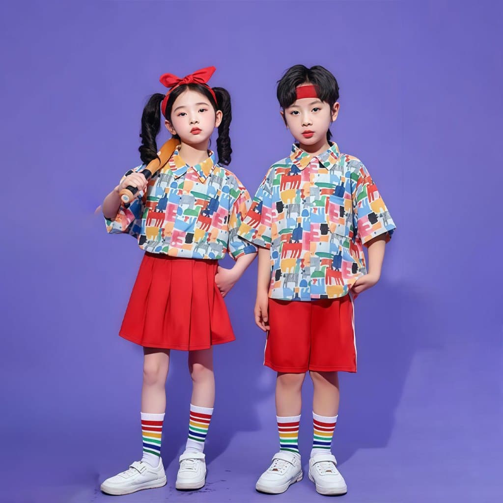 SweetKids จากกทมชุดเซ็ทเด็กชุดเชียร์ลีดเดอร์สำหรับเด็กชายและเด็กหญิง ชุดเต้นรำสำหรับ ยอดนิยม ลายการ์ตูน ใส่สบายมาก สีสดใสฤดูร้อน รูปที่ 7