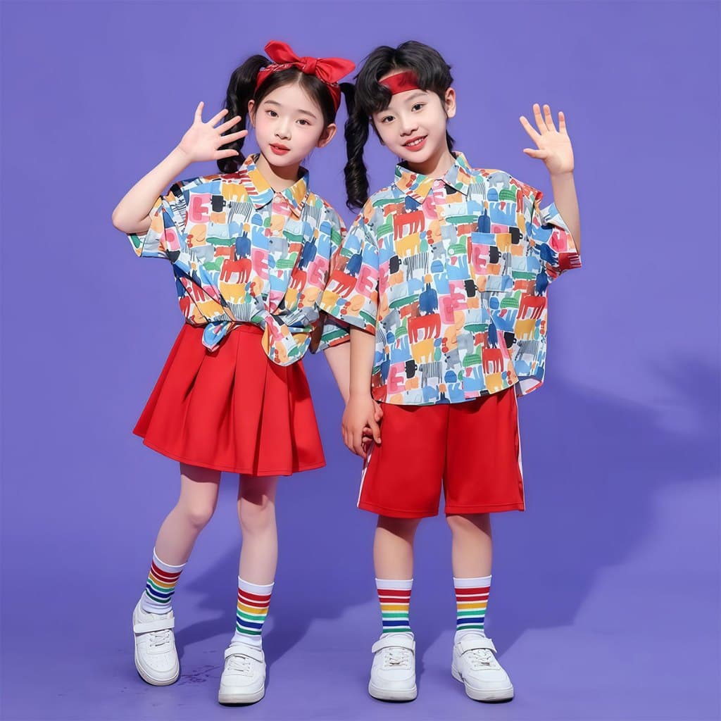 SweetKids จากกทมชุดเซ็ทเด็กชุดเชียร์ลีดเดอร์สำหรับเด็กชายและเด็กหญิง ชุดเต้นรำสำหรับ ยอดนิยม ลายการ์ตูน ใส่สบายมาก สีสดใสฤดูร้อน รูปที่ 3