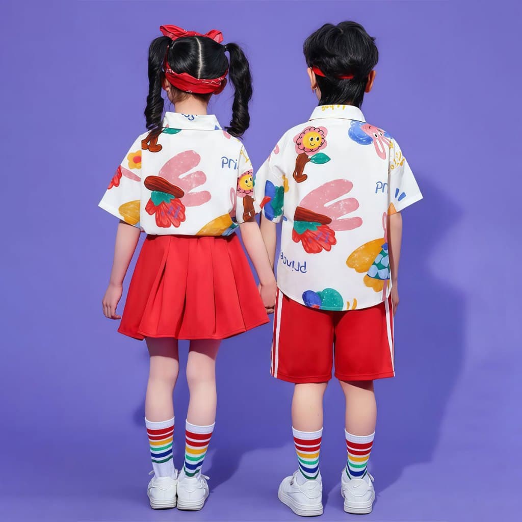 SweetKids จากกทมชุดเซ็ทเด็กชุดเชียร์ลีดเดอร์สำหรับเด็กชายและเด็กหญิง ชุดเต้นรำสำหรับ ยอดนิยม ลายการ์ตูน ใส่สบายมาก สีสดใสฤดูร้อน รูปที่ 4