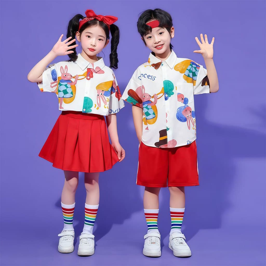 SweetKids จากกทมชุดเซ็ทเด็กชุดเชียร์ลีดเดอร์สำหรับเด็กชายและเด็กหญิง ชุดเต้นรำสำหรับ ยอดนิยม ลายการ์ตูน ใส่สบายมาก สีสดใสฤดูร้อน รูปที่ 2
