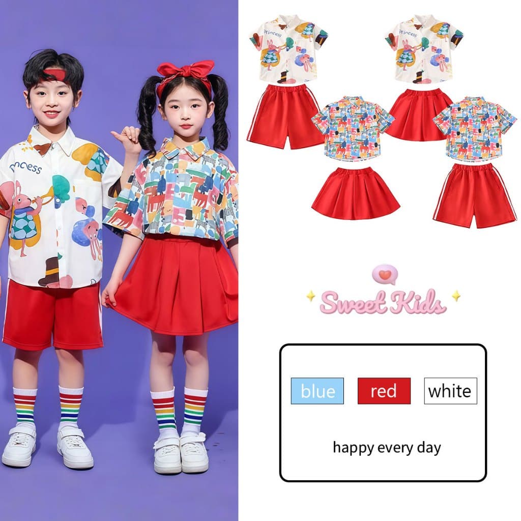 SweetKids จากกทมชุดเซ็ทเด็กชุดเชียร์ลีดเดอร์สำหรับเด็กชายและเด็กหญิง ชุดเต้นรำสำหรับ ยอดนิยม ลายการ์ตูน ใส่สบายมาก สีสดใสฤดูร้อน รูปที่ 1