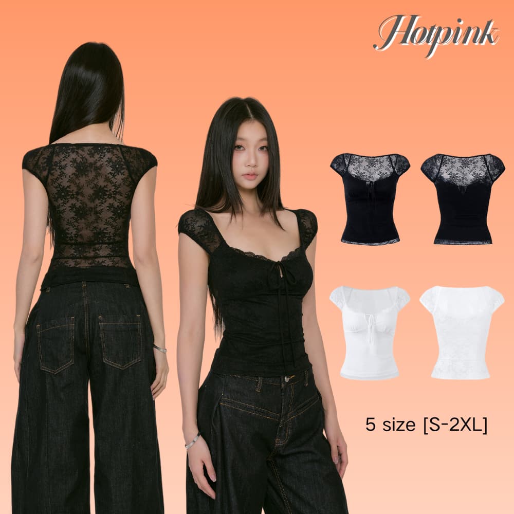 Hotpink ส่งจาก Bangkokเสื้อยืดแขนสั้นผู้หญิงคอเหลี่ยมผูกเชือก ดีไซน์เว้าช่วงเอว เข้ารูป ตกแต่งด้วยลูกไม้ปะติดปะต่อ เหมาะสำหรับฤดูร้อน รูปที่ 1