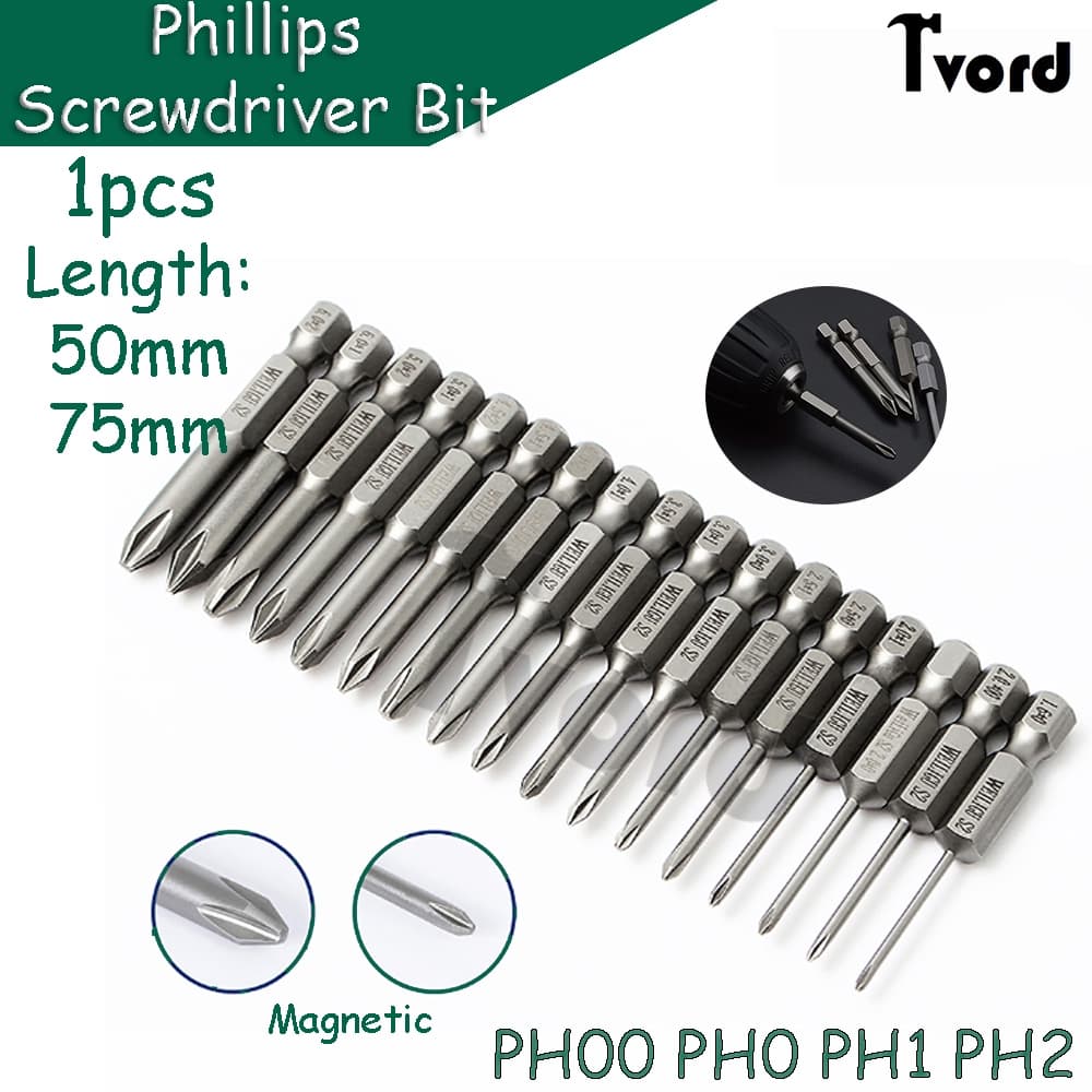 ดอกไขควง Phillips 1 ชิ้น PH00 PH0 PH1 PH2 แม่เหล็ก 1/4 นิ้ว Hex Shank S2 Steel ความยาว 50/70 มม. ซ่อมหัวชุดไฟฟ้า รูปที่ 1