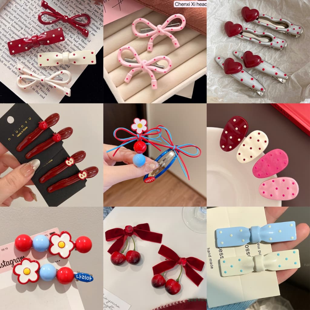 กิ๊บติดผมลายจุดสีแดงพร้อมโบว์หวาน สำหรับติดด้านข้างของผม รูปที่ 1