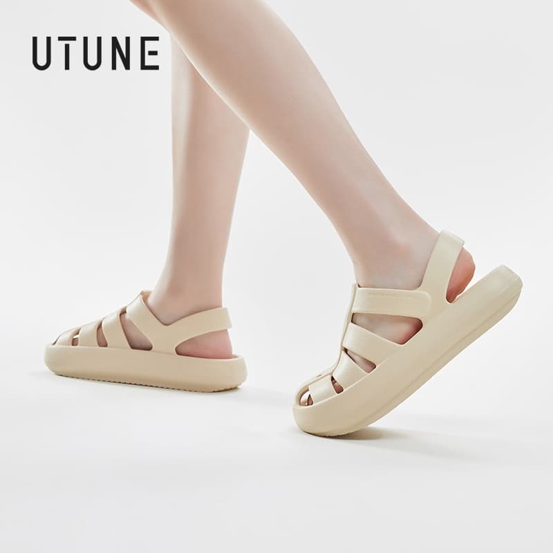 UTUNE รองเท้าแตะผู้หญิง สไตล์โรมันวินเทจ พื้นหนา ระบายอากาศ นุ่มสบาย กันลื่น สีขาว ใส่เดินชายหาด กลางแจ้ง รูปที่ 1