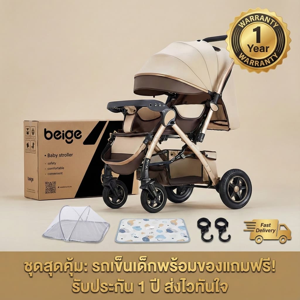Beige รถเข็นเด็ก รถเข็นเด็กพับได้ 0-5 ปี รถเข็นเด็กพกพา ล้อมีเบรค พกพาสะดวก เข็นหน้า-หลังได้ รูปที่ 9