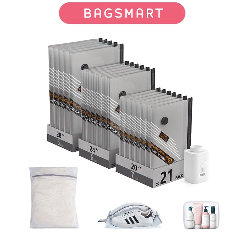 BAGSMART ชุดกระเป๋าเก็บข้อมูลเดินทางแบบปั๊มไร้สายแบบชาร์จไฟได้, กระเป๋าประหยัดพื้นที่แบบพกพา 21 ชุดสำหรับการเดินทางและบ้าน, กระเป๋าซีลสูญญากาศสำหรับเสื้อผ้ รูปที่ 1