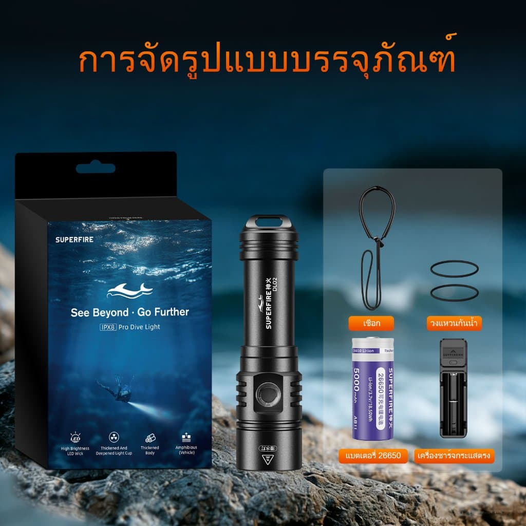 ไฟดำน้ำทรงพลัง SUPERFIRE DL02 20W LED สูงสุด 2000 ลูเมน ใต้น้ำ 100 เมตร สำหรับความปลอดภัยใต้น้ำ ดำน้ำลึก ถ้ำลึก สนอร์เกิล รูปที่ 9