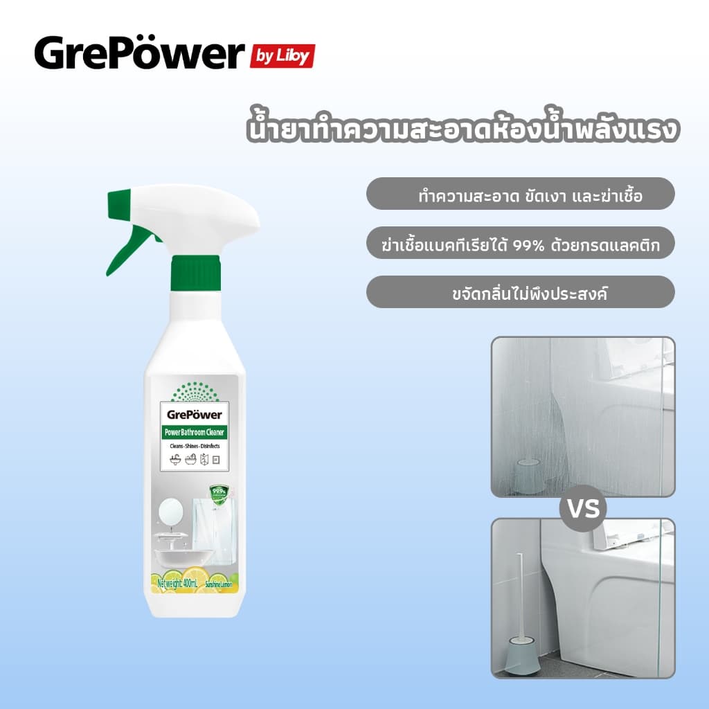 Grepower น้ำยาทำความสะอาดห้องน้ำ 2 โหมด น้ำยาขัดห้องน้ำ น้ำยาขัดกระเบื้อง น้ำยาล้างห้องน้ำ น้ำยาขจัดคราบน้ำ น้ํายาเช็ดกระจกห้องน้ํา น้ำยาขจัดคราบน้ำกระจก 400ml รูปที่ 2