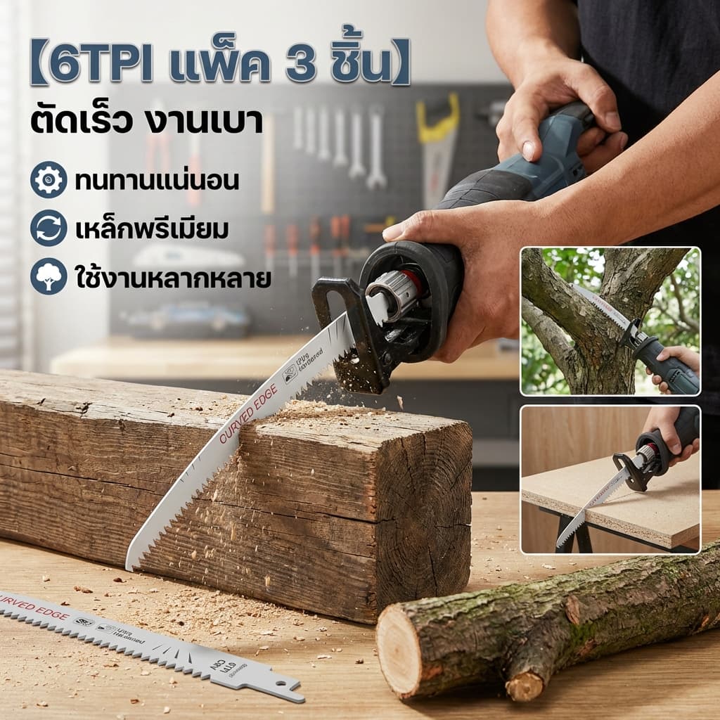 การจัดส่งที่รวดเร็ว 3 ชิ้นใบเลื่อยลูกสูบ 6TPI 14.4 นิ้ว Chrome Vanadium Steel Arc Edge ใบเลื่อยลูกสูบ ผลิตจากเหล็กคาร์บอน รูปที่ 1