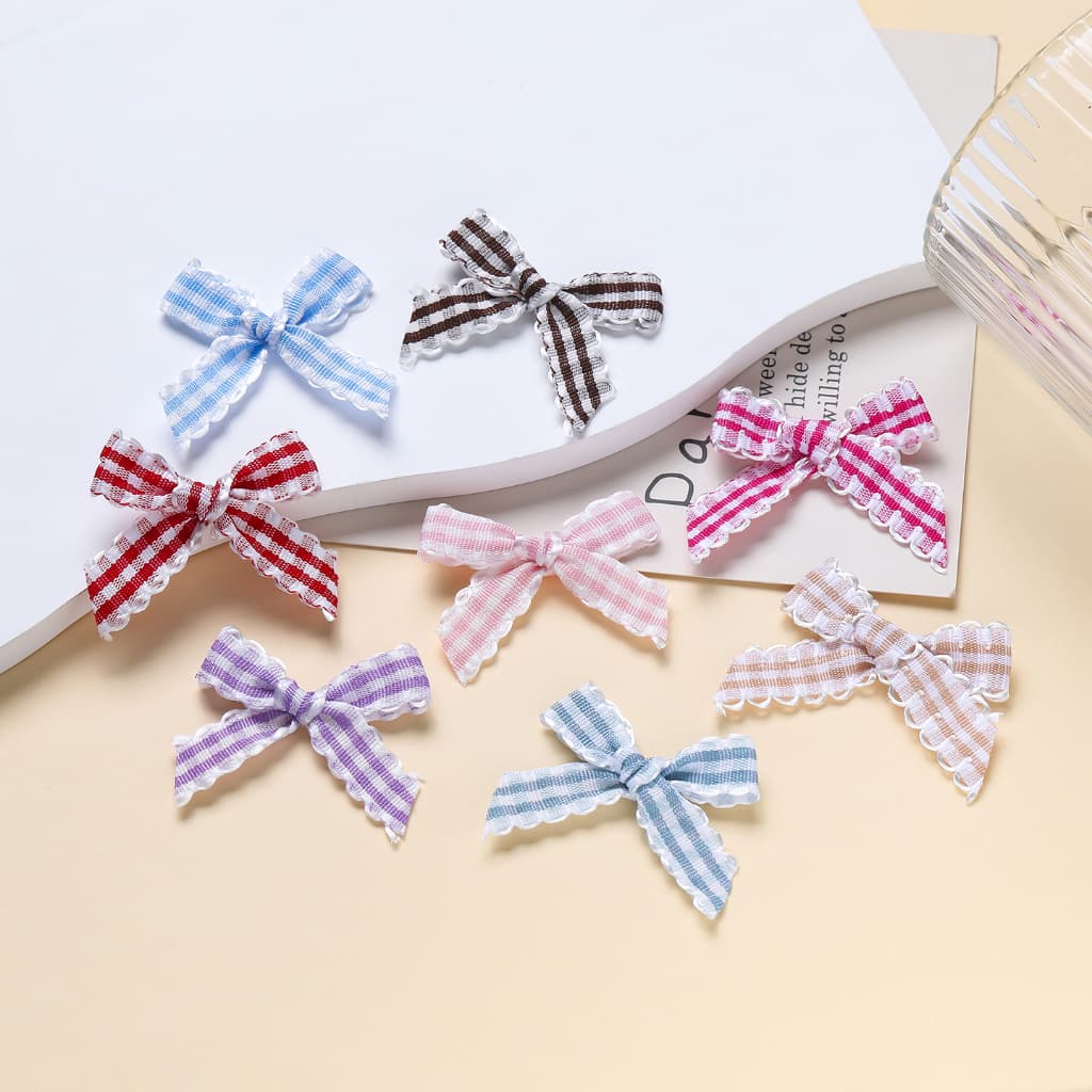 Mini Gingham ริบบิ้นโบว์ขอบลูกไม้ผ้า Appliques สําหรับเย็บชุดชั้นในคลิปผม DIY Craft Supplies รูปที่ 1