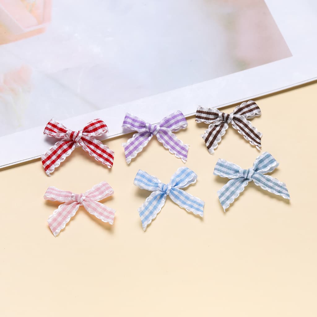 Mini Gingham ริบบิ้นโบว์ขอบลูกไม้ผ้า Appliques สําหรับเย็บชุดชั้นในคลิปผม DIY Craft Supplies รูปที่ 5