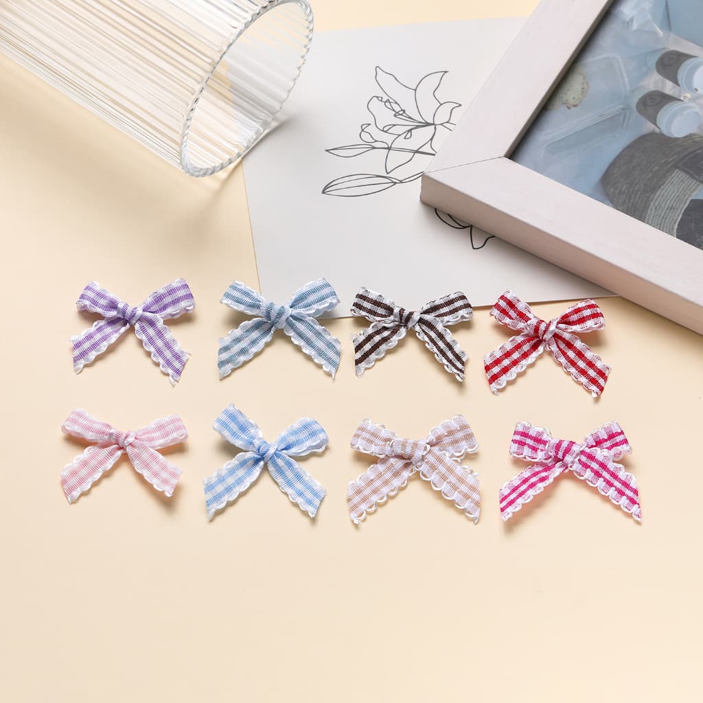 Mini Gingham ริบบิ้นโบว์ขอบลูกไม้ผ้า Appliques สําหรับเย็บชุดชั้นในคลิปผม DIY Craft Supplies รูปที่ 3