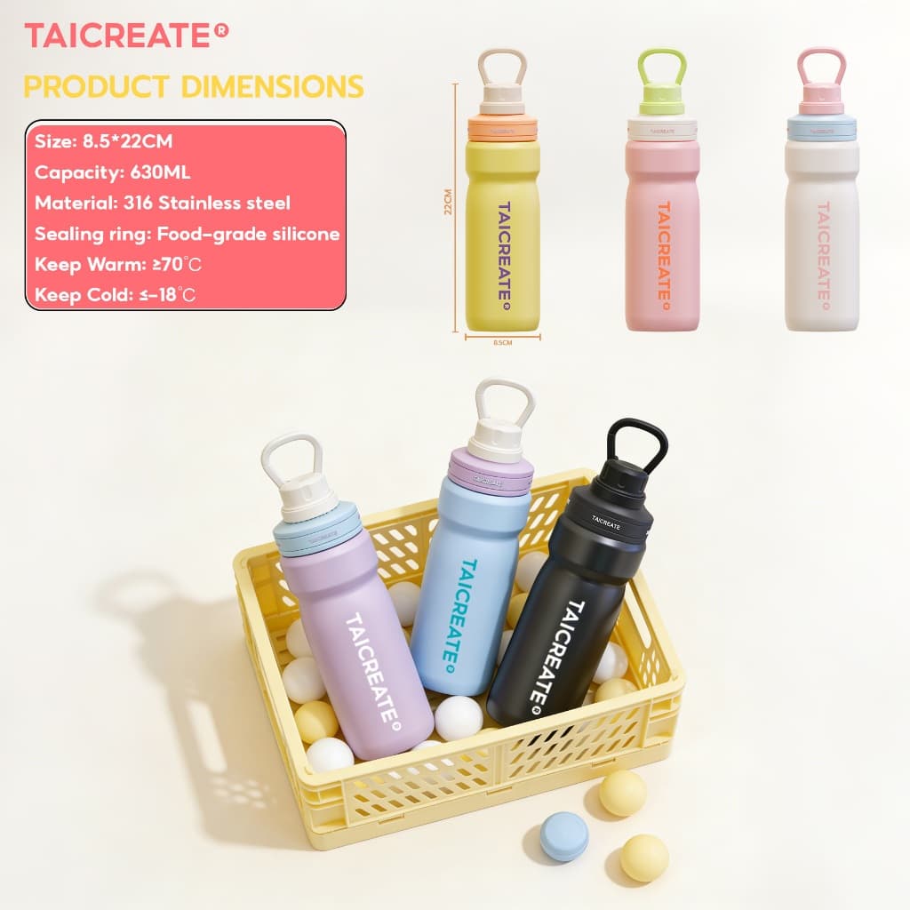 TaiCreate®ขวดน้ำสแตนเลส 630ml แก้วน้ำสแตนเลส316L ฟพกพาแก้วน้ำเก็บความเย็น พร้อมหูหิ้ว ฟางพับ ปลอดสาร BPA สไตล์โมเดิร์น กิจกรรมกลางแจ้ง รูปที่ 9