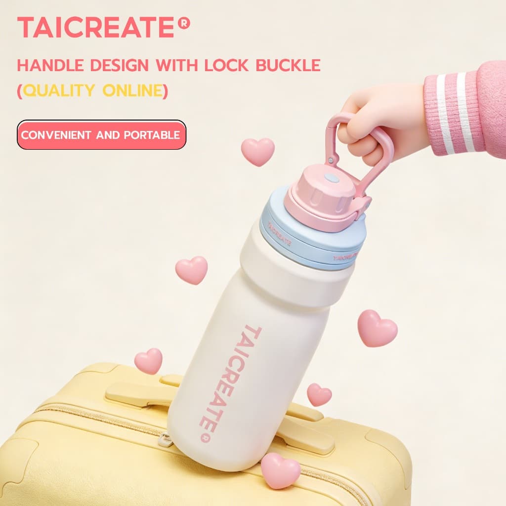 TaiCreate®ขวดน้ำสแตนเลส 630ml แก้วน้ำสแตนเลส316L ฟพกพาแก้วน้ำเก็บความเย็น พร้อมหูหิ้ว ฟางพับ ปลอดสาร BPA สไตล์โมเดิร์น กิจกรรมกลางแจ้ง รูปที่ 4