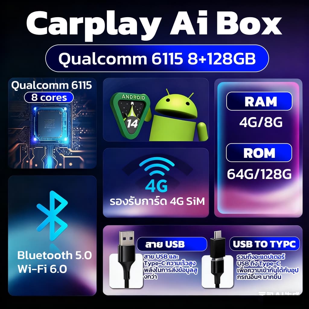 SailingTravel Ultra ไร้สาย Carplay รถยนต์ AI Box Android Auto เสียบแล้วใช้ได้เลย Android14.0 8+128GB Qualcomm 6115 GPS ดู YouTube / Netflix/TikTok ได้ในรถ รูปที่ 8