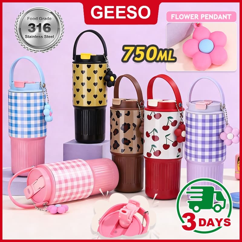 GEESO Tumbler 750ML / 25OZ Hot & Cold 316 Stainless Steel Water Bottle with Handle & Straw 手提吸管杯 รูปที่ 1