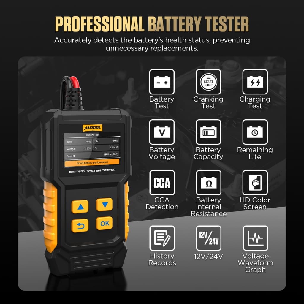 AUTOOL BT360 12V เครื่องทดสอบแบตเตอรี่รถยนต์ CCA 20-2000 การวินิจฉัยยานยนต์แบบดิจิตอลเครื่องมือสแกนการชาร์จ รูปที่ 2