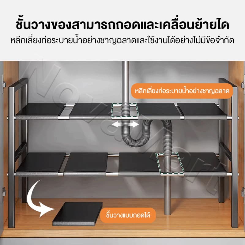 ชั้นวางของใต้ซิงค์ สแตนเลส ยืดหดได้ถึง 88cm ชั้นวางอเนกประสงค์ สำหรับห้องครัวและห้องน้ำ รูปที่ 3